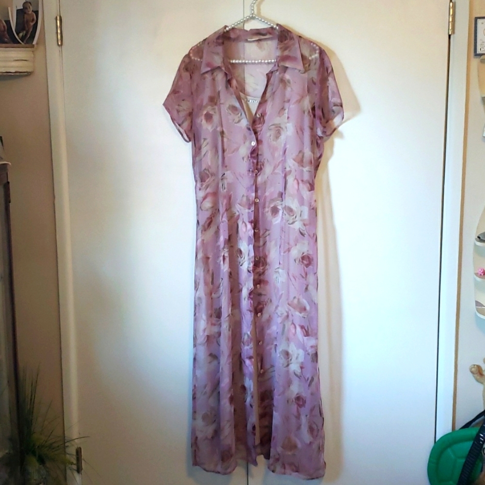 Sheer over dress with tan tank dress underneath.